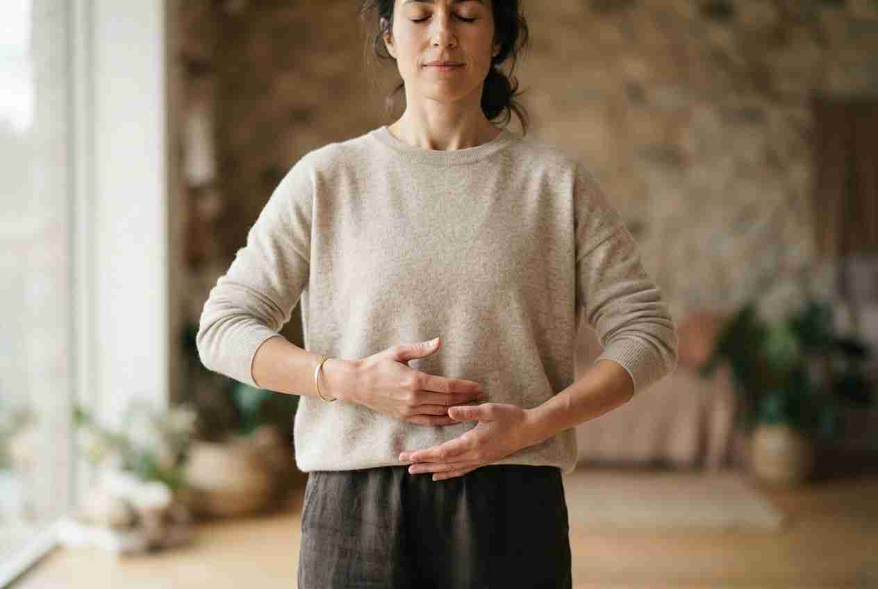Hands and relaxed posture during a gentle Qigong breathing exercise